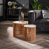 LifestyleFurn Bijzettafel Pervis Set van 2 stuks, Marmer en mangohout - Wit marmer - Rond