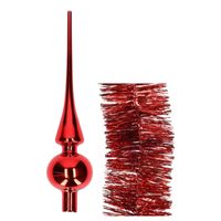 Kerstversiering glazen piek glans 26 cm en folieslingers pakket rood van 3x stuks - thumbnail