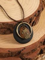 Vintage Wooden Cat Pattern Geometric Pendant Necklace Women Boho Sweater Chain