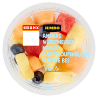 3 voor € 6,00 | Jumbo Fruitstukjes Ananas, Watermeloen, Mango, Cantaloupemeloen & Blauwe Bes 150g Aanbieding bij Jumbo