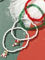 4Pcs Christmas Red Green Candy Cane Sock Pattern Beaded Multilayer Bracelet Christmas Party Jewelry