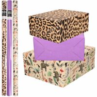 6x Rollen kraft inpakpapier jungle/panter pakket - dieren/luipaard/paars 200 x 70 cm