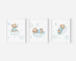 Posters - Teddybeer in de wolken / Blauw / Set van 3