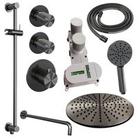 Regendoucheset Inbouw Brauer Gunmetal Carving Thermostatisch 30 cm met Gebogen Wandarm, Glijstang en Handdouche 3-Standen Geborsteld Gunmetal Brauer