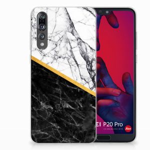 Huawei P20 Pro TPU Siliconen Hoesje Marmer Wit Zwart - Origineel Cadeau Man