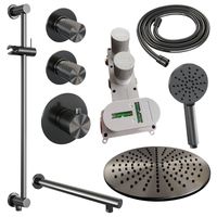 Regendoucheset Inbouw Brauer Gunmetal Carving Thermostatisch 30cm met Wandarm, Glijstang en Handdouche 3-Standen Losse Stopkranen Geborsteld Gunmetal - thumbnail