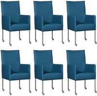 Set van 6 Blauwe leren moderne eetkamerstoelen Spark - poot rond rvs met wiel - Toledo Leer Turquoise (blauw leer) - thumbnail