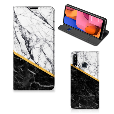 Samsung Galaxy A20s Standcase Marmer Wit Zwart - Origineel Cadeau Man