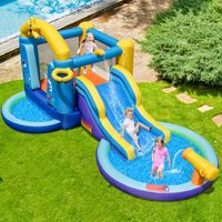 Springkasteel met Blazer en Glijbaan Waterpark met 2 Zwembaden Waterkanon Basketbalkorf Kinderspringkasteel 490 x 290 x 220 cm