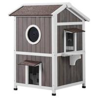VEVOR Weerbestendig buitenkattenhuis, schuilplaats voor wilde katten voor meerdere katten, groot houten buitenkattenhuis met twee verdiepingen, deuren, PVC-deurkleppen en een transparant venster, 58,4 cm L x 66 cm B x 91,4 cm H