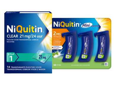 Niquitin Minizuigtabletten Mint 2.0mg + Clear Pleisters 21mg Stap 1 Combi Niquitin Minizuigtabletten Mint 2.0mg + Clear Pleisters 21mg Stap 1 Combi