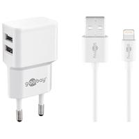 Goobay 44979 USB-adapter + oplaadkabel set / 2 poorts adapter voor stopcontact - 2,4 A (12W) USB-voeding met beschermingselektronica/incl. 1 m Lightning-kabel/wit