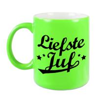Liefste juf beker / mok neon groen 330 ml - afscheidscadeau / bedankt cadeau - feest mokken