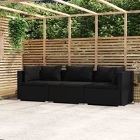 Driezitsbank met kussens poly rattan zwart