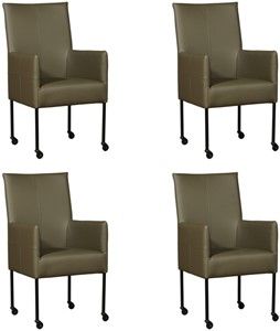 Set van 4 Olijfgroene leren moderne eetkamerstoelen Spark - poot rond zwart met wiel - Toledo Leer Olive (olijfgroen leer)