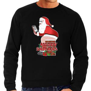 Foute Kersttrui/sweater voor heren - Merry shitmas - zwart - Kerstman op de wc