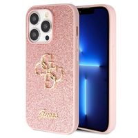 iPhone 15 Pro Guess Fixed Glitter 4G Metal Logo Cover - Roze - thumbnail