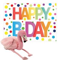 Pluche dieren knuffel flamingo 20 cm met Happy Birthday wenskaart - thumbnail