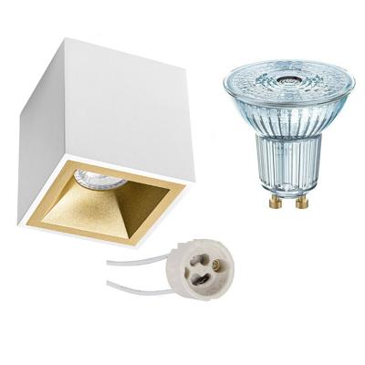 Opbouwspot Set - LEDVANCE Parathom PAR16 930 36D - Pragmi Cliron Pro - GU10 Fitting - Dimbaar - Opbouw Vierkant - Mat Wit/Goud - 3.4W - Warm Wit 3000K - Verdiept - 90mm