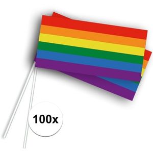 100x Zwaaivlaggetjes met regenboog 100 stuks   -