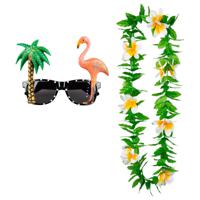 Tropische Hawaii party verkleed accessoires set - Funny zonnebril - en bloemenkrans groen/wit