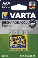 Varta Longlife Accu AAA-batterij, 800 mAh, oplaadbaar, nikkel-metaalhydride (NiMH), blauw, groen, AAA