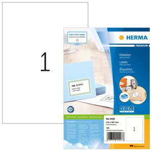 Herma 4428 Universele etiketten 210 x 297 mm Papier Wit 100 stuk(s) Permanent hechtend Inkjet, Laser (zwart/wit), Laser (kleur), Kopiëren (zwart/wit), Kopiëren