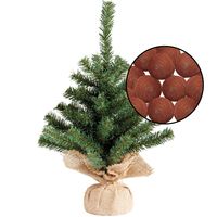 Mini kerstboompje groen - met lichtsnoer bollen terracotta bruin - H45 cm - thumbnail