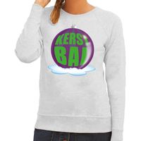 Foute feest kerst sweater met paarse kerstbal op grijze sweater voor dames XL (42)  -