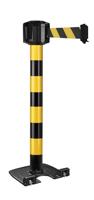 Buitenpaal zwart/geel zware basis op wielen - riem 10m zwart/geel