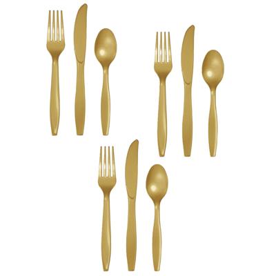 Feest bestek setje - 24 personen - herbruikbaar kunststof - goud - messen/vorken/lepels Feest bestek setje - 24 personen - herbruikbaar kunststof - goud - messen/vorken/lepels