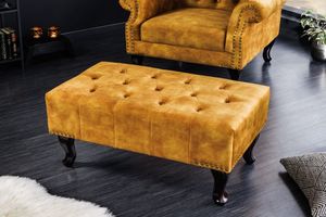 Design voetenbank CHESTERFIELD 80cm mosterdgeel fluweel knoopstiksel klinknagelrand - 41445