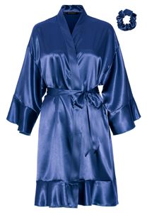 Satijnen kimono dames ruffle - donker blauw