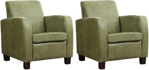 Set van 2 Olijfgroene leren landelijke fauteuils Joy - poot hout bruin - Kenia Leer Olive (olijfgroen leer)