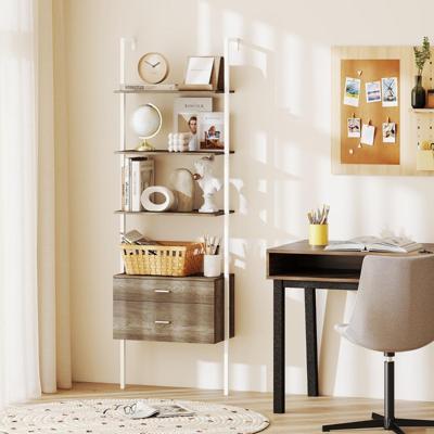 6-laags Ladderrek met 2 Lades Wandgemonteerd Boekenrek met Metalen Frame Grijs