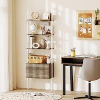 6-laags Ladderrek met 2 Lades Wandgemonteerd Boekenrek met Metalen Frame Grijs