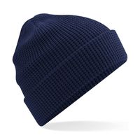 Heren Beanie Wintermuts wafelstructuur navy blauw 100% katoen One size  - - thumbnail