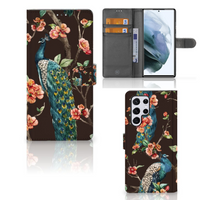 Samsung Galaxy S22 Ultra Telefoonhoesje met Pasjes Pauw met Bloemen - thumbnail