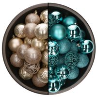 74x stuks kunststof kerstballen mix van champagne en turquoise blauw 6 cm