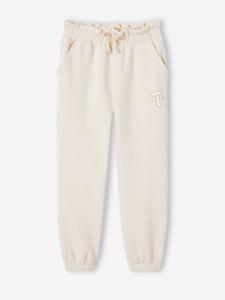 Molton joggingbroek voor meisjes met paperbag ceintuur gemêleerd beige