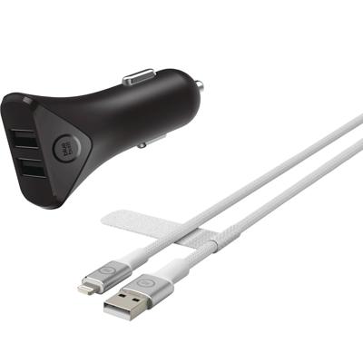 BlueBuilt Autolader met 2 Usb Poorten 12W + Lightning Kabel 1,5m Nylon Zwart