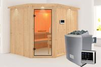 Karibu | Malin Sauna met Dakkraag | Helderglas Deur | Kachel 9 kW Externe Bediening - thumbnail