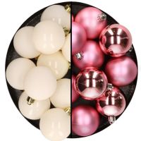 Kunststof kerstballen 6 cm - 24x stuks - wol wit en roze - glans/mat - thumbnail