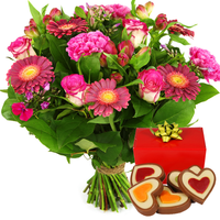 Roze bloemen met hartjes chocolade bestellen