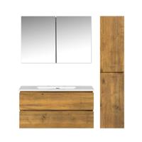 Badkamermeubel Set Callisto Diamond Hangend 100x50x48cm Mat Eiken Softclose Greeploos Mineraalmarmer Wastafel Zonder Kraangat Overloop met Spiegelkast en Badkamerkast