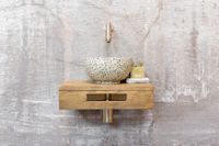 Saniclear Seba fonteinset met bruin eiken plank, zwart-witte terrazzo waskom en RVS kraan voor in het toilet - thumbnail