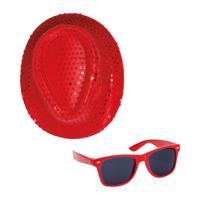 Carnaval verkleed set compleet - hoedje en zonnebril - rood - heren/dames - glimmend - thumbnail