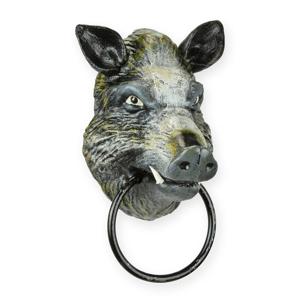 A CAST IRON WILD BOAR HEAD TOWEL-HOLDER