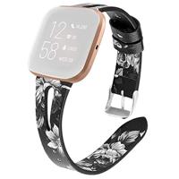 By Qubix - Compatible met Fitbit Versa 1/2 & Lite bandje TPU leer - Bloemenprint zwart - Compatible fitbit bandje
