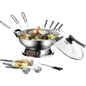 Unold Asia Fondue Fondue 1350 W 2 gescheiden temperatuurregelaars, 6 fonduevorkjes, Grillfunctie RVS